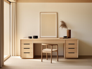 Fototapeta premium interior of a home office vanity neutral minimalist refined contemporary wood desk and stool chair artwork 