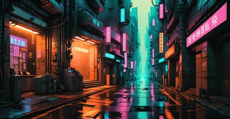 Obraz premium cyberpunk futuristic sci-fi city street road with shops and tall buildings at night. night life in cyber district with neon signs and wet road reflections. skyscrapers and stores.