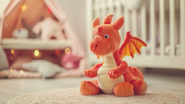  Adorable dragon plush toy in cozy nursery setting with soft lights and playful tent background.