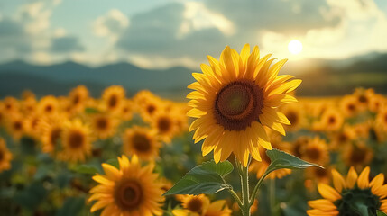Sunflower in a field at sunset , close-up of a sunflower