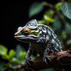 Fototapeta premium Beautiful Colorful chameleon closeup, chameleon on the tree branch. vibrant color chameleon wildlife photography