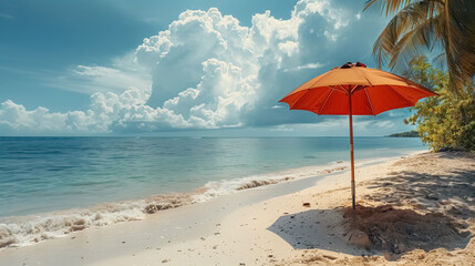 Beach umbrella with chairs on the sand , summer vacation concept , white sand and relaxing scene of the beach