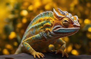 Fototapeta premium Beautiful Colorful chameleon closeup, chameleon on the tree branch. vibrant color chameleon wildlife photography