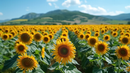 Sunflower in a field at sunset , close-up of a sunflower
