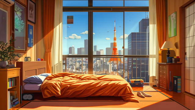 Daylight Dream: A Cheerful Anime Bedroom in Vibrant Colors