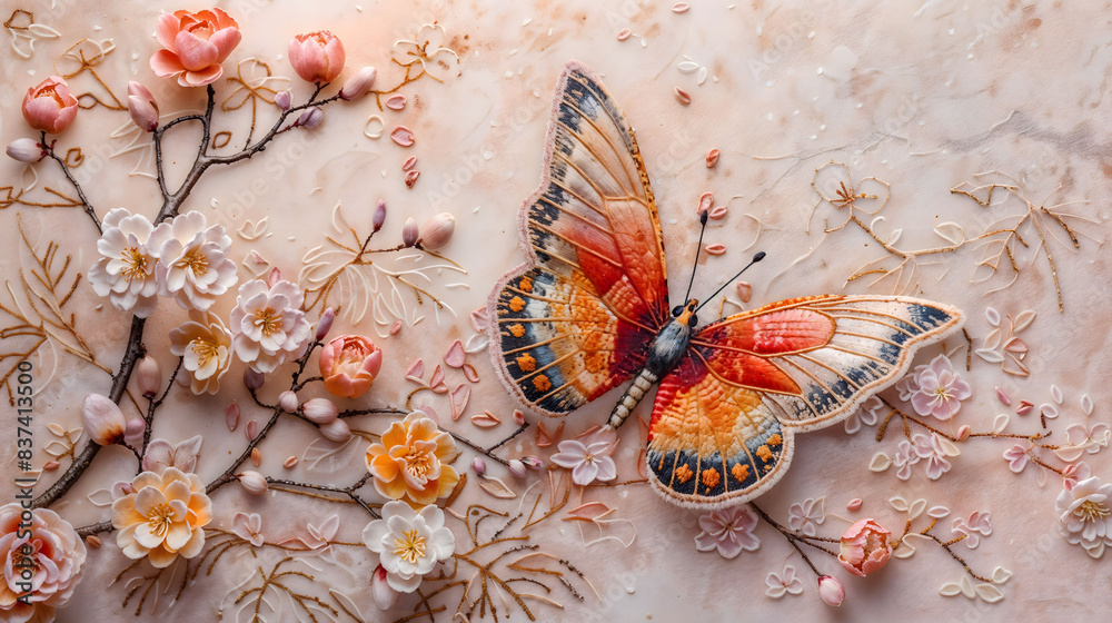 Canvas Prints AI-generated illustration of a Butterfly perched on a blooming tree branch