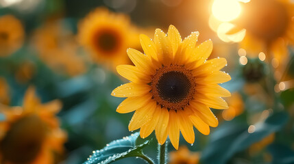 Fototapeta premium Sunflower in a field at sunset , close-up of a sunflower