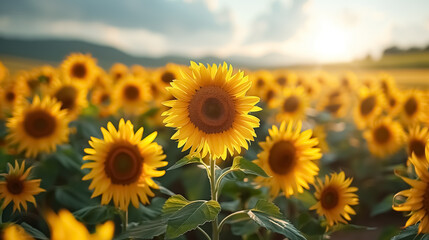Fototapeta premium Sunflower in a field at sunset , close-up of a sunflower