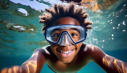 Naklejka premium Young Girl Wearing Diving Mask and Goggles