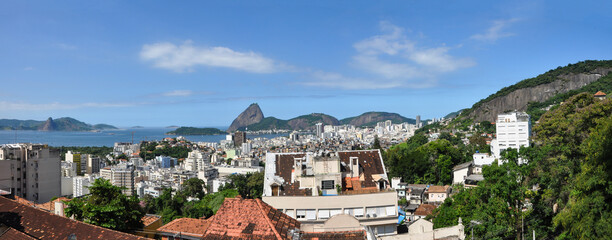 Wide panoramic view of Sugarloaf Mountain from Park of the Ruins, Santa Tereza neighborhood - Rio...