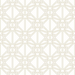 Golden line pattern. Vector geometric seamless texture with delicate grid, thin lines, diamonds, squares, triangles. Abstract gold and white background. Art deco ornament. Subtle repeated geo design