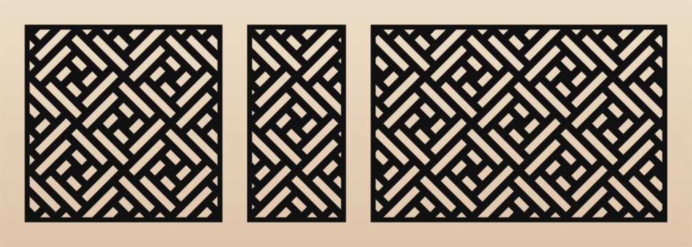 Laser cut decorative panels. Abstract geometric pattern with lines, squares, grid. Vector template for laser cutting, CNC cut of wood, metal, paper. Trendy geo ornament. Aspect ratio 1:1, 1:2, 3:2