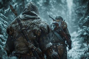 Fototapeta premium dwarven hunters tracking prey in snowy forest, winter scene, fantasy adventure