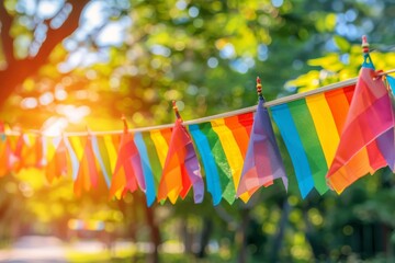 Colorful rainbow bunting hanging in a sunlit outdoor setting, celebrating LGBTQ pride, community, and joy in a vibrant, festive scene