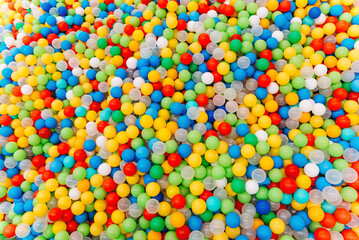 plastic balls for dry pool, view from above, children attraction, background, texture