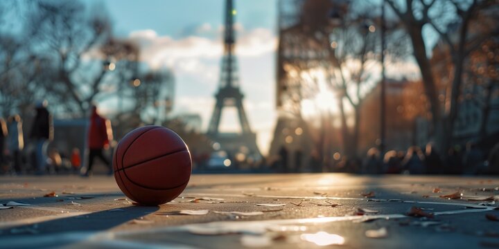 Close-up of basketball ball on Parisian sport ground, Eiffel Tower and peoples background
