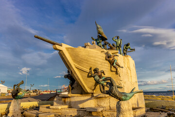 Punta Arenas city in Chile, Patagonia. Ships in port maritime old, ancient and modern ship in...