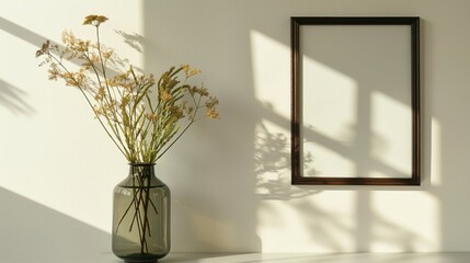 Dried flowers in a glass vase beside an empty black frame on a sunlit wall creating intricate shadows