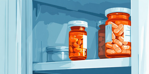 The Unheeded Call of Health: A prescription bottle, nestled amongst a collection of makeup and toiletries, beckons from within the confines of a messy medicine cabinet.