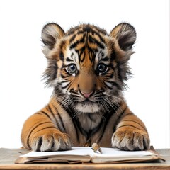 Obraz premium A charming tiger cub sits attentively, writing in a notebook with a pencil. The young feline's focused expression and adorable appearance create a delightful scene of learning and curiosity, emphasize