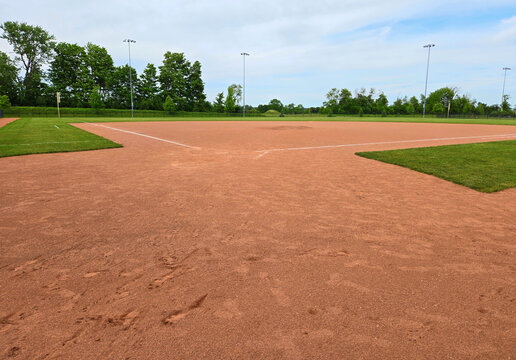 A baseball field shot on an overcast day.