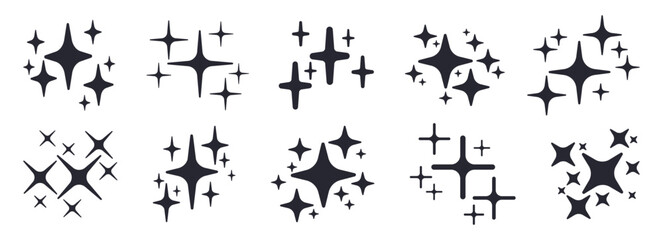 Sparkle stars silhouettes. Shiny glitter flashlights, shiny twinkling sparkles and stars flat vector illustration set. Sparkles collection