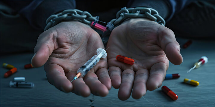 Reinvention through Detachment: A person's wrists are freed from the shackles of addiction, represented by broken syringes, discarded pills and needles, signifying their journey towards reclaiming con