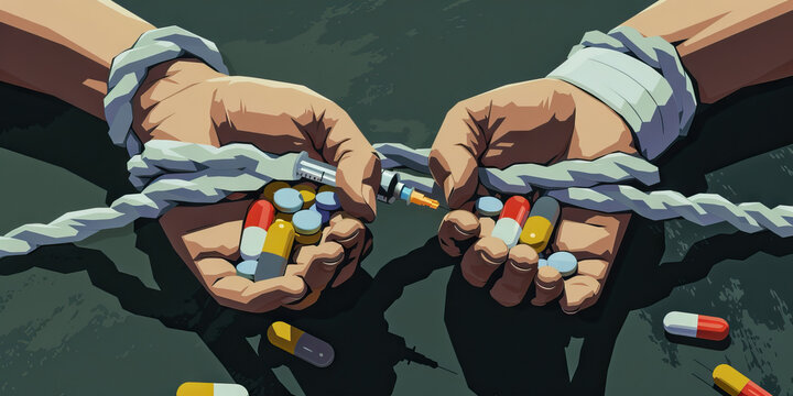 Reinvention through Detachment: A person's wrists are freed from the shackles of addiction, represented by broken syringes, discarded pills and needles, signifying their journey towards reclaiming con