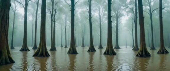 Atmospheric view of a flooded forest with tall cypress trees standing in misty waters, creating a mysterious and ethereal scene.