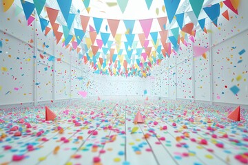 Obraz premium Festive room with colorful bunting and confetti, symbolizing LGBTQ pride, celebration, and joy in a bright, lively indoor scene