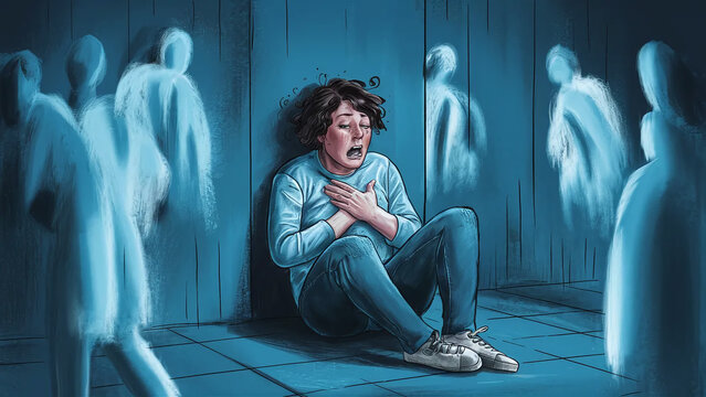 illustration of man having a panic attack, sitting on the floor gasping for air, disorientation and detachment, feelings of impending doom