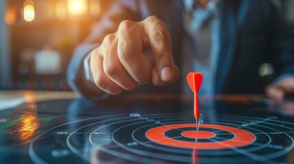 Targeting the business concept, Businessman touch red arrow dart to the virtual target dartboard, Executive marketing, investment goal and target for business investment concept, mini home. 
