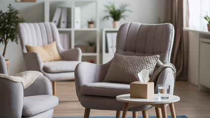 Empty therapist's office, room with comfortable chairs, soft lighting, and calming decor, supportive therapy session