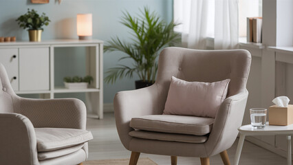 Empty therapist's office, room with comfortable chairs, soft lighting, and calming decor, supportive therapy session