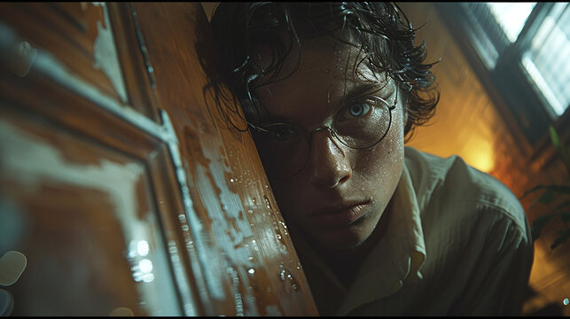 paranoid man sneaking through door, hypervigilance, mental health problems