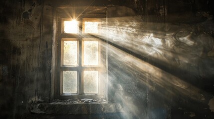 Cross-shaped beams of light shining through a rustic window, evoking spirituality