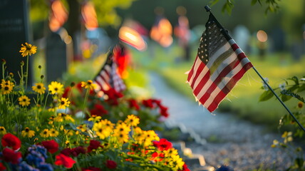 Memorial Day Scene with Flags and Flowers at National Cemetery