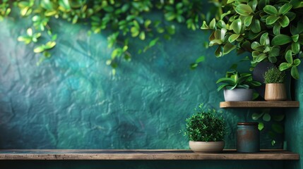A wooden shelf with potted plants, a decorative jar, and a teal wall background. The image features sunlight shining through lush greenery, creating a serene atmosphere