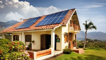 A modern house with solar panels.