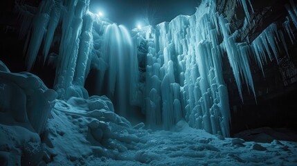 Frozen waterfalls illuminated by spotlights, showcasing their stunning icy formations