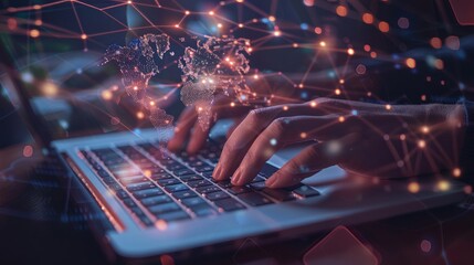 Hands typing on a laptop with a holographic world map and network connections, illustrating global telecommunication