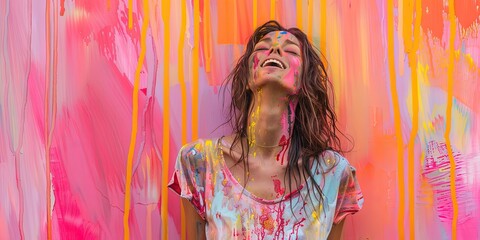 Fototapeta premium friendly woman covered in colorful wet paint, drenched in paint,