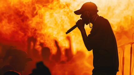 Silhouette of a rap artist holding a microphone, engaging the audience in a lively performance