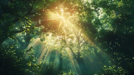 Obraz premium Sunlight Filtering Through Forest Canopy. Sunlight beams through the dense forest canopy, creating a magical and serene atmosphere in the woods.