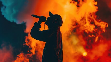 Silhouette of a rap singer performing energetically on stage with colorful lights in the background
