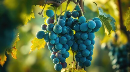 Single bunch of Shiraz grapes suspended from the vine, promising a rich and flavorful harvest