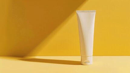 Photo of A tube of cream on an orange background, mockup template for branding presentation. Mockup solar cream.