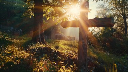Sunlight streaming through a wooden cross, illuminating a serene landscape