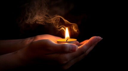 Burning candle in hand with smoke wallpaper background