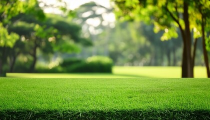 Fototapeta premium Green grass in the foreground, blurred garden background